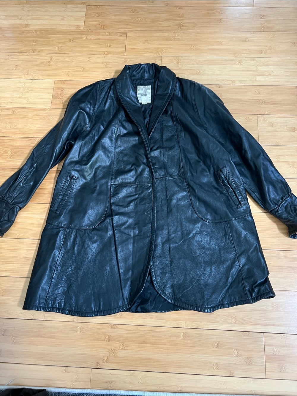 VTG Avanti Black Leather Coat Jacket Womens S Small Oversized Shawl Collar 90s